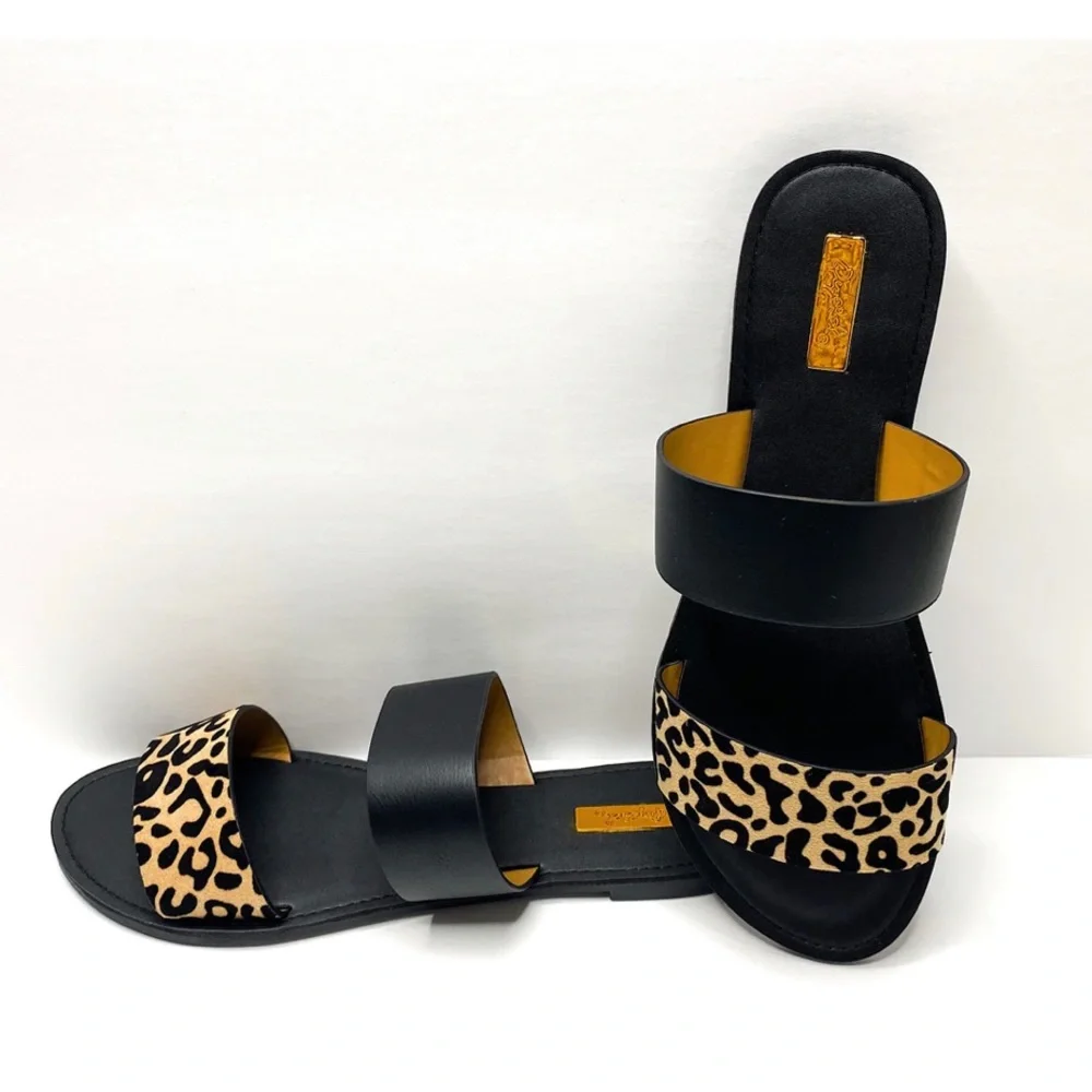 ✨MY #1 SELLERS✨NIB:Tan/Black Leopard Two Strap Slide On Summer Sandals - Picture 2 of 3